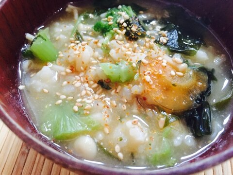 リメイク！ワカメとわさび菜と豆苗の味噌汁雑炊